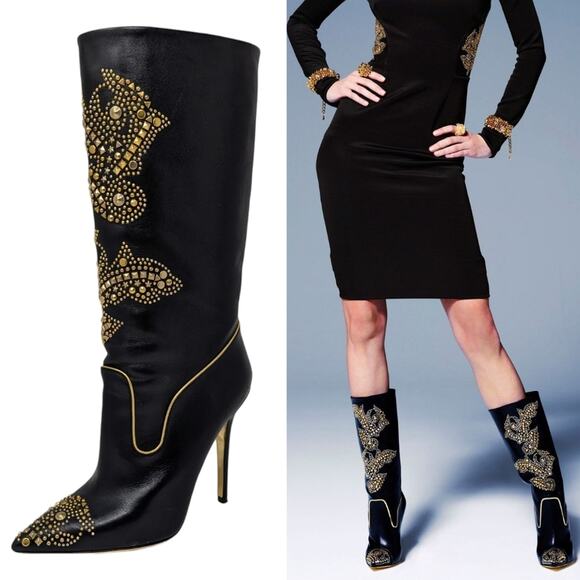 Rare Versace 2013 boots tall heel black leather gold studded western cowboy 40.5 - Picture 1 of 15